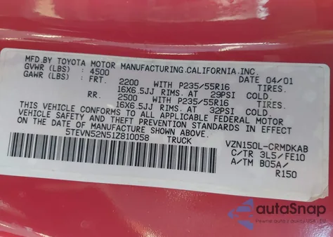 2001 Toyota Tacoma S-Runner from USA, damaged, VIN 5TEVN52N51Z810058